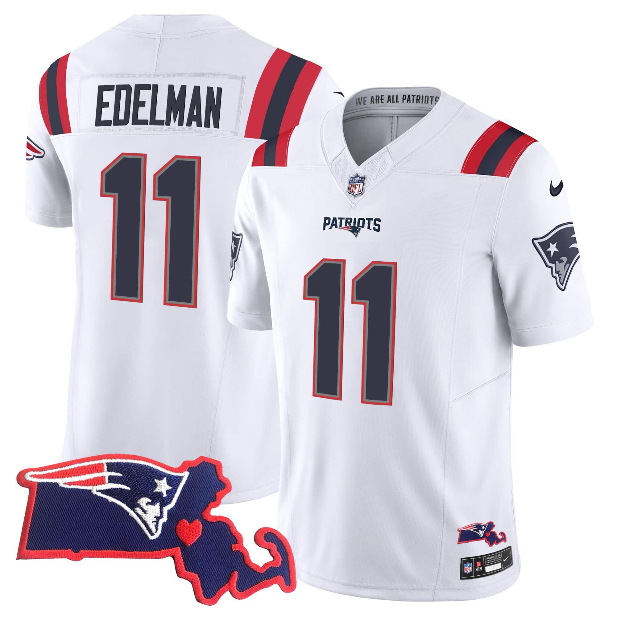 Men New England Patriots #11 Edelman White 2024 Nike Patch Vapor Limited NFL Jersey